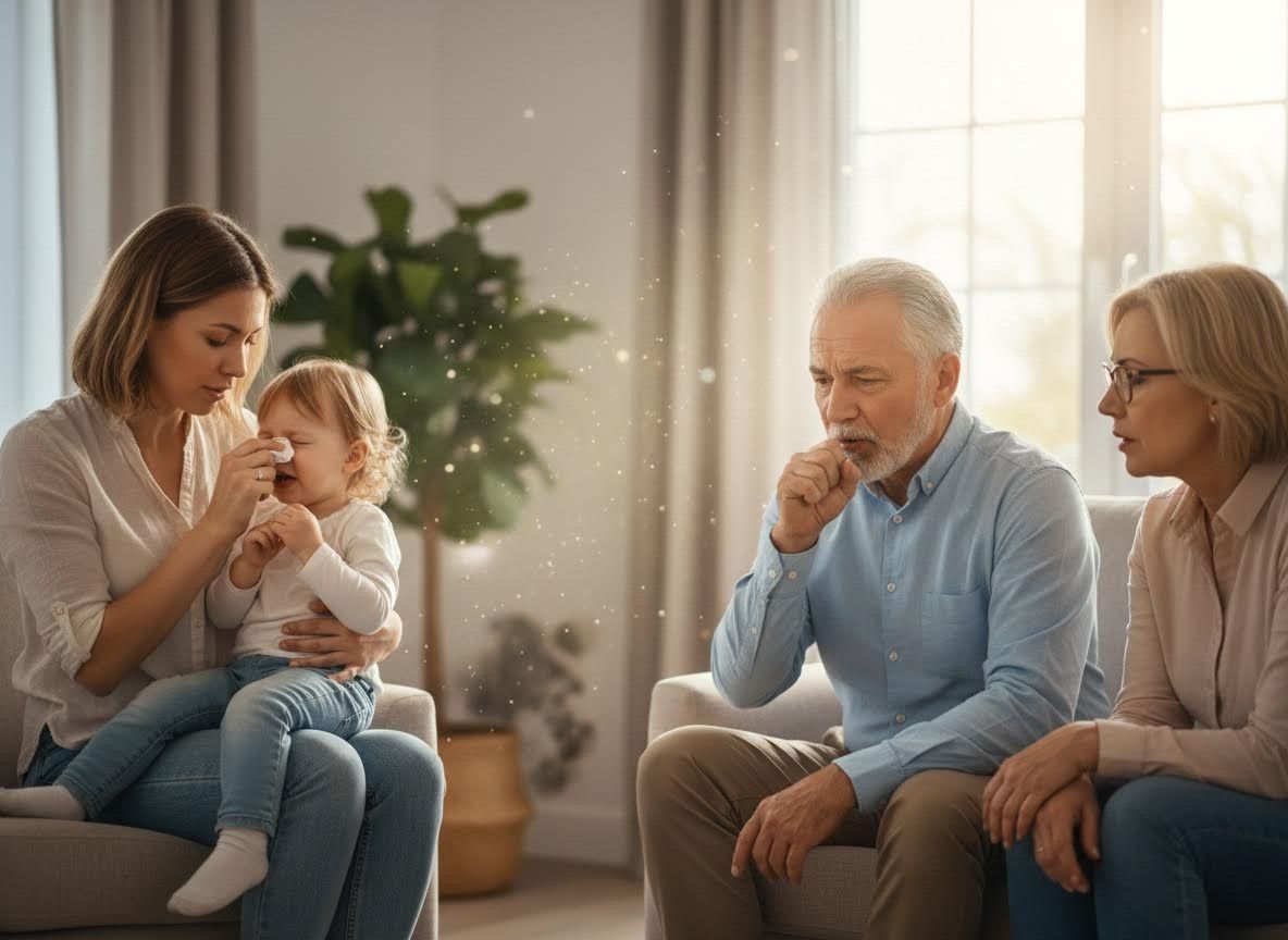 Family experiencing allergy or illness symptoms in a dusty room