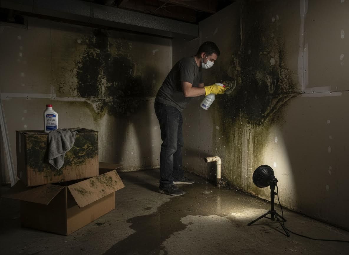 Man cleaning mold from a damp basement wall