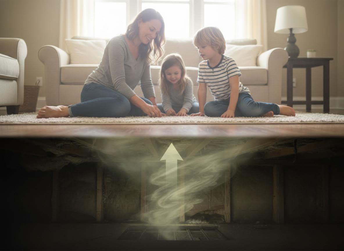 Family in living room with radon gas rising from below