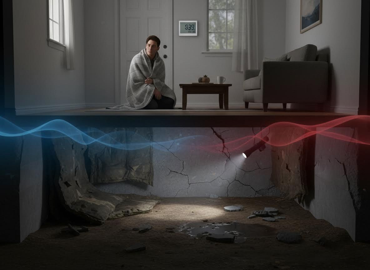 Man shivering in cold house with damaged foundation