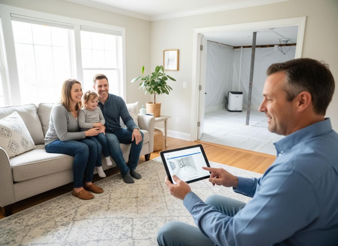 Home Service Professional Explaining Basement Encapsulation to Family