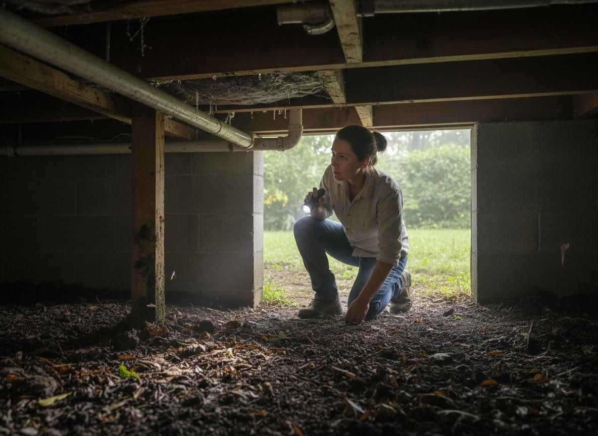 Woman inspecting under house with flashlight