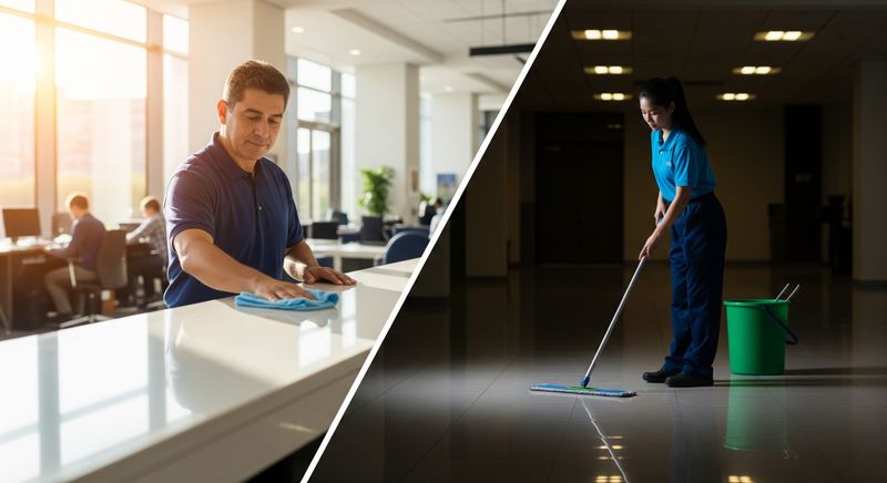 A split-screen image showing a day porter cleaning an active lobby and a night cleaner mopping the same lobby when empty.