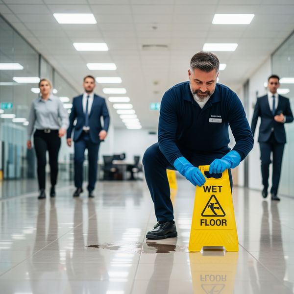 man putting up wet floor sign man putting up wet floor sign