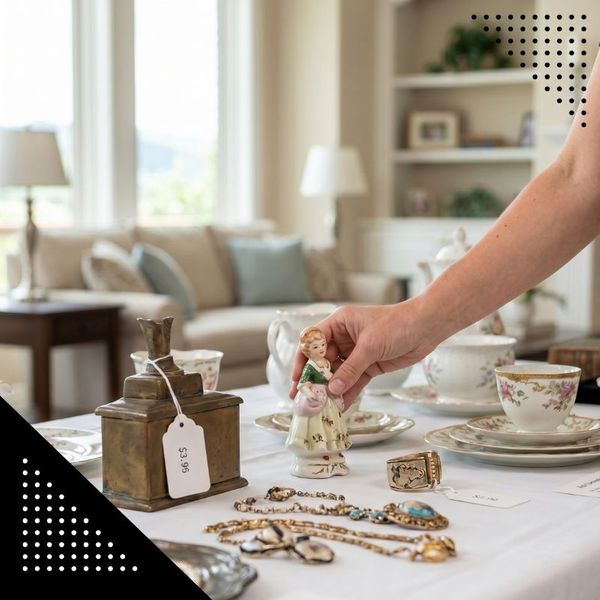 A close-up view of an expertly organized display table at an estate sale in Highlands Ranch, featuring various antique and collectible items.