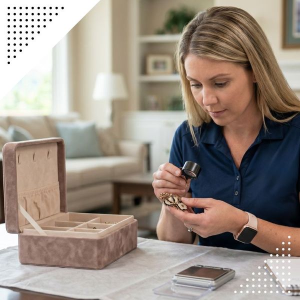 An All Mile High Estates appraiser carefully inspects a piece of vintage jewelry using a magnifying loupe during a residential estate liquidation assessment in Highlands Ranch.
