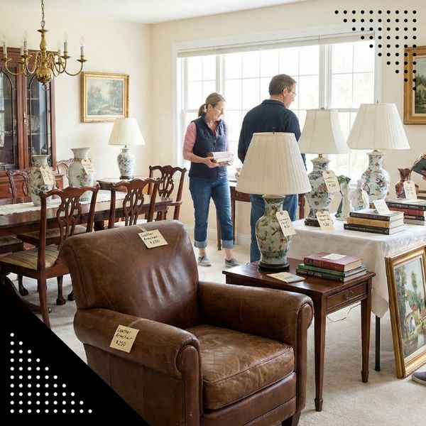 an estate sale setup with labeled items and furniture