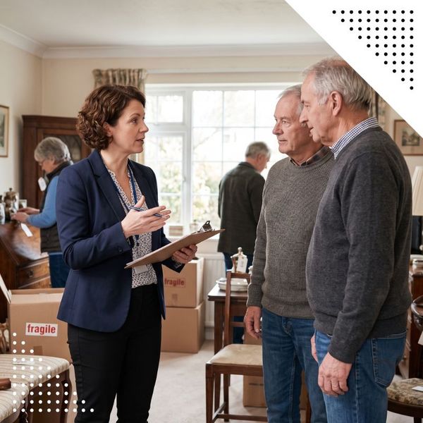 An estate sale manager speaking with clients.