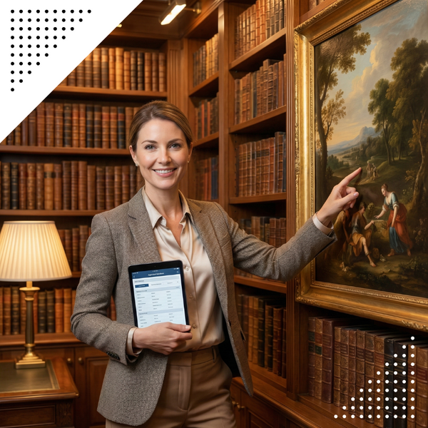 A female appraiser in a home library points to a detail on a large oil painting while holding a tablet with an appraisal database.