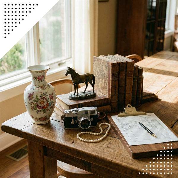 A collection of varied items, including a vase, statue, books, and a camera, laid out on a table for a comprehensive home appraisal.