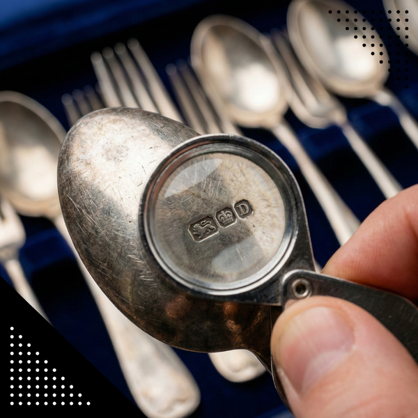 A close-up of a hand using a jeweler's loupe to inspect a hallmark on the back of a silver spoon, with other silver pieces in the background.