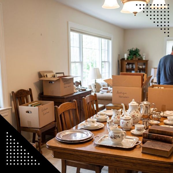 An estate sale with fine china out on the shelves.