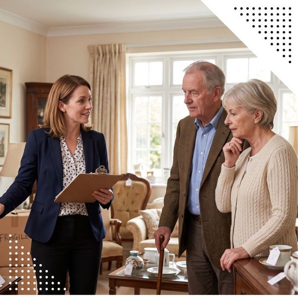 An estate sale manager speaking with a couple.