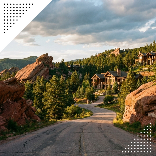 A winding road heading towards the Colorado foothills near Evergreen, surrounded by pine trees and rock formations with large homes in the distance.
