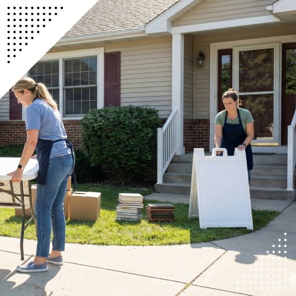 an estate sale staff setting up tables and signage for a home
