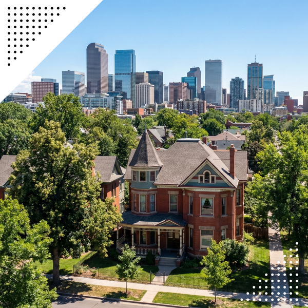 A historic Victorian home on a tree-lined street in a Denver neighborhood with the modern city downtown skyline visible in the background.