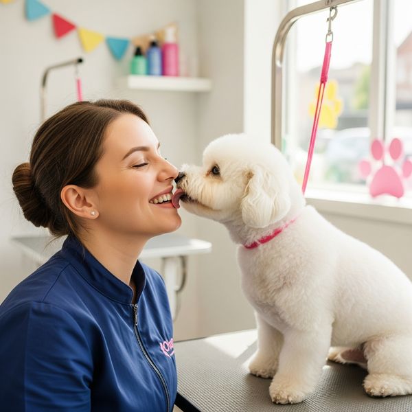 A happy dog kissing a groomer at the spa. A happy dog kissing a groomer at the spa.