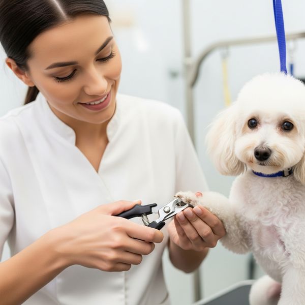 A professional groomer safely trimming a dog's nails. A professional groomer safely trimming a dog's nails.