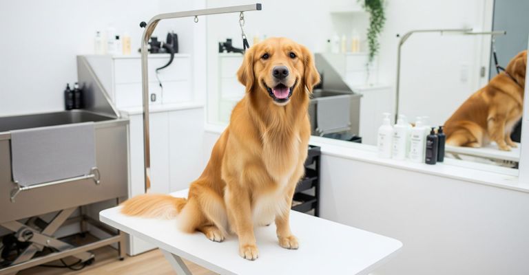 A happy, professionally groomed Golden Retriever at Pet Spoilers Spa.