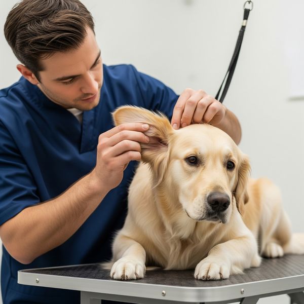 A groomer checking a dog's ear for signs of infection. A groomer checking a dog's ear for signs of infection.