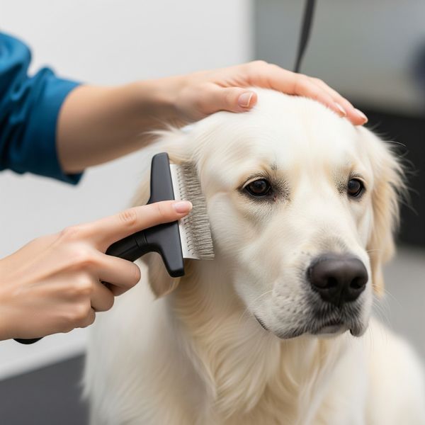 A groomer brushing a dog's clean and healthy coat. A groomer brushing a dog's clean and healthy coat.