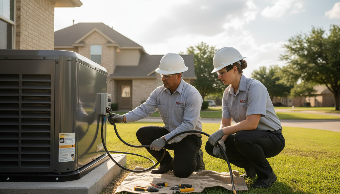 Two technicians in safety gear inspect and service a residential AC unit in a sunny yard, with tools laid out on the grass. HVAC Technicians Servicing Outdoor AC Unit