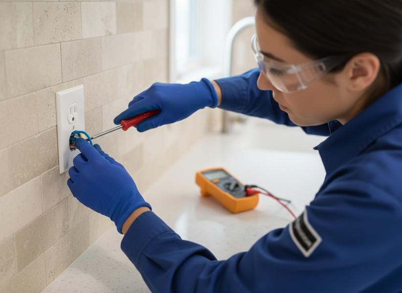 A female electrician wearing safety glasses and blue gloves uses a screwdriver to repair a white electrical outlet on a tiled wall. A multimeter is on the counter. Female Electrician Repairing Outlet