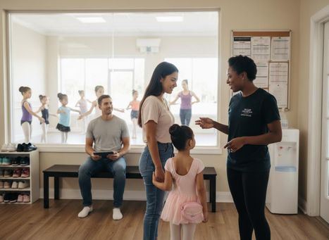 Parents and Child Talking to Dance Instructor While Kids Practice Ballet