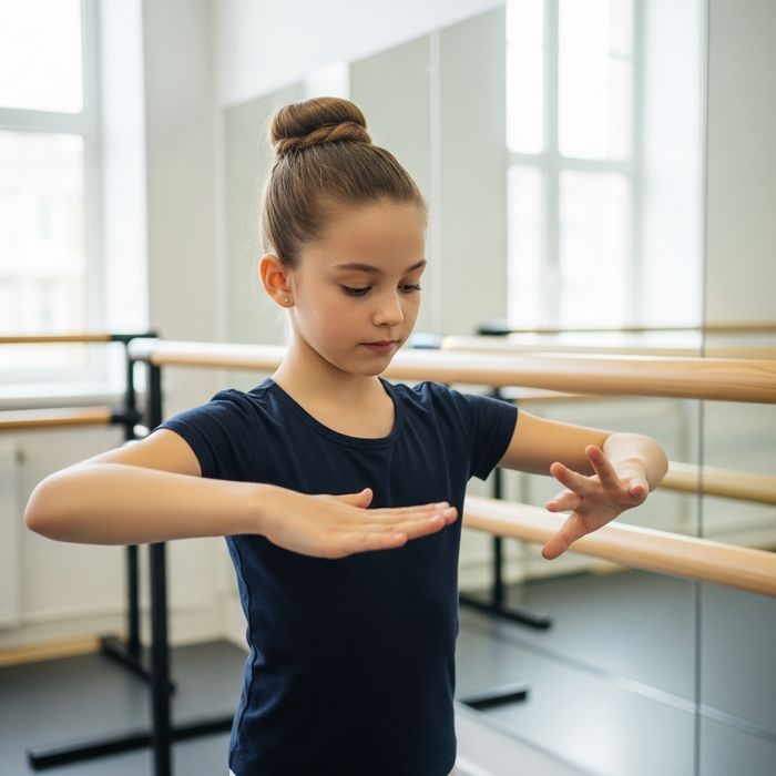 A young girl with a bun concentrating on her posture at a ballet barre in a dance studio, natural light.