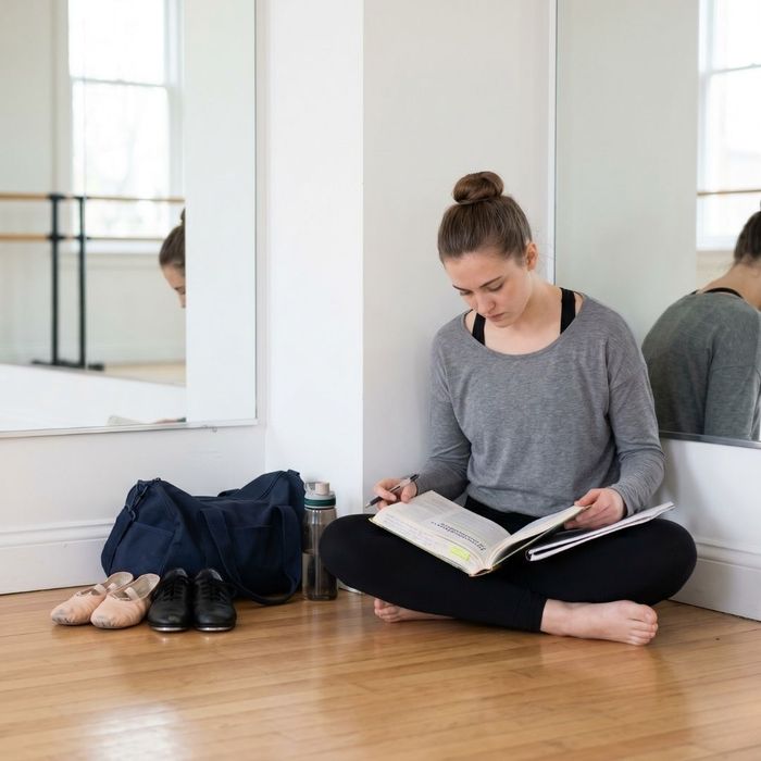 A student dancer balancing academics and athletics by studying in the studio between her scheduled dance classes.