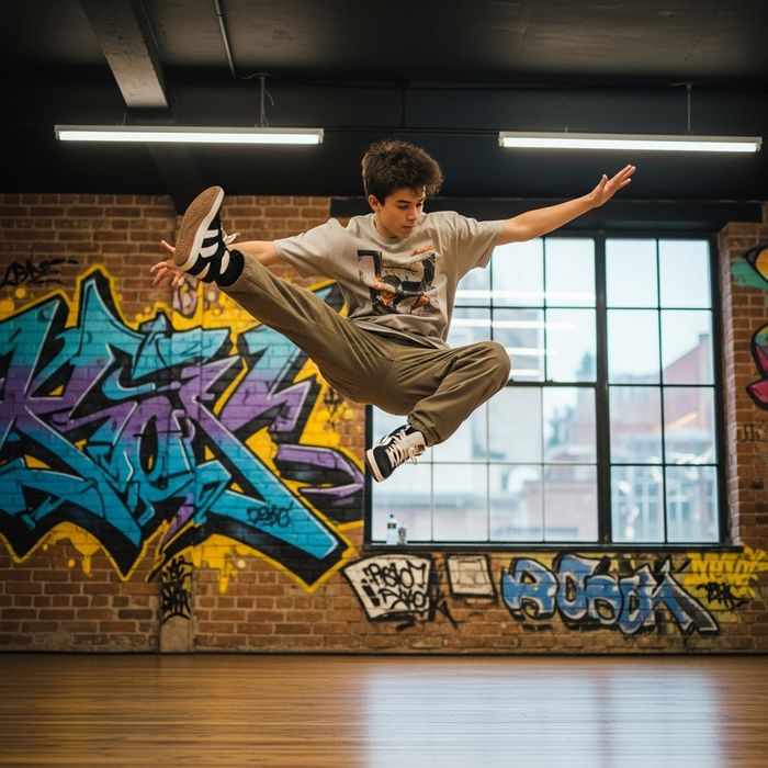 An energetic teenage boy performing a dynamic hip hop dance move in a studio setting with urban style.