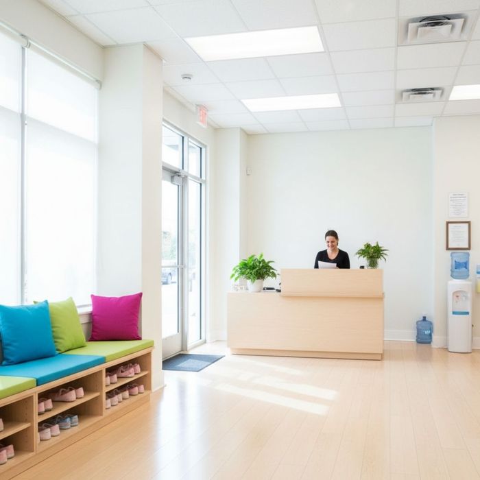 the inside of a dance studio lobby