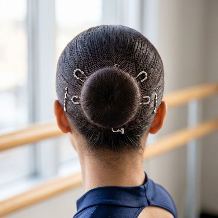 A detailed close-up shot of a smooth, professional ballerina bun secured with a hairnet and sparkly rhinestone clips.