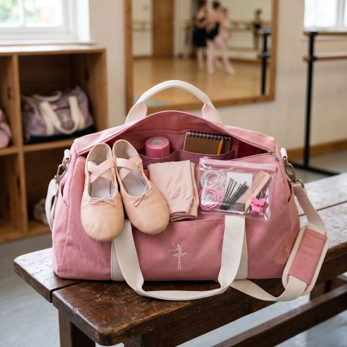 A tidy pink dance bag overflowing with essentials like ballet shoes, extra tights, and a hair styling kit.