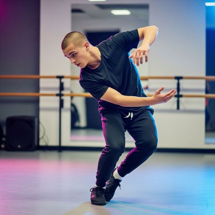 teenage boy is focused and determined as he practices a difficult dance move teenage boy is focused and determined as he practices a difficult dance move
