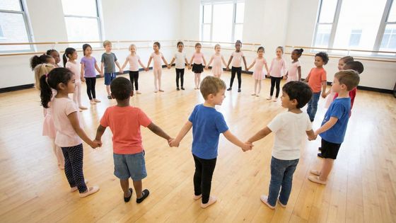 group of young children holding hands in a dance circle