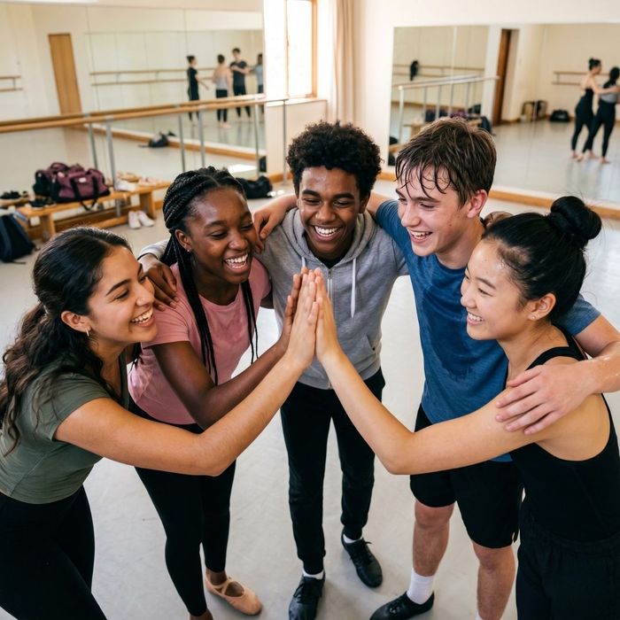 A team of diverse dancers celebrating with a high-five and a huddle after a productive team rehearsal.