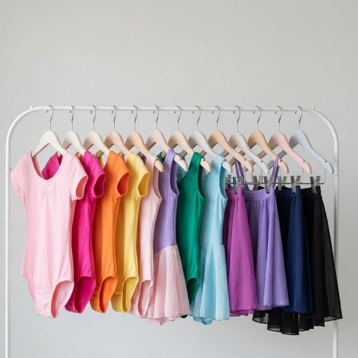 Colorful children's leotards and dance skirts hang neatly on a white clothing rack