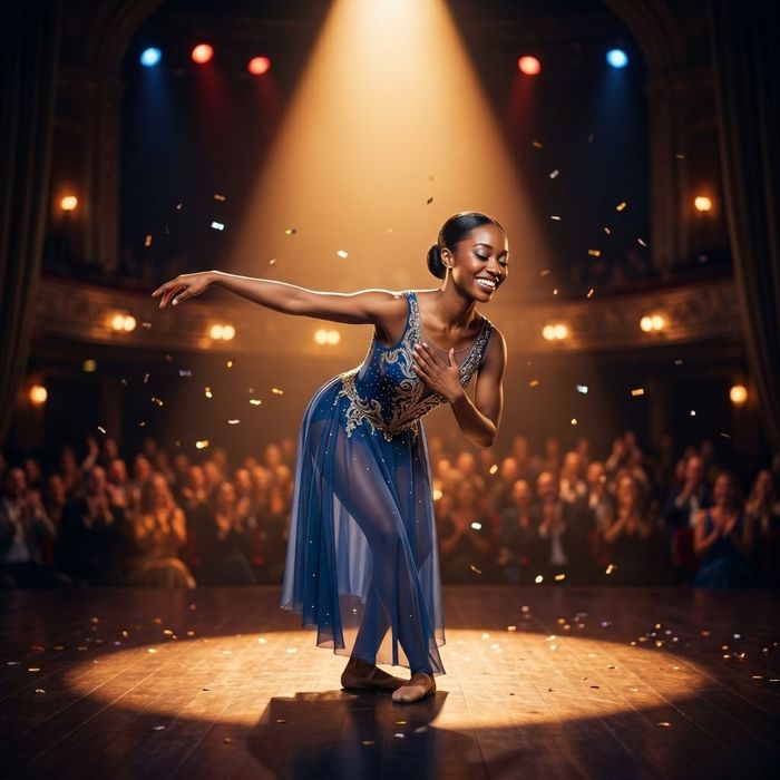 A confident young performer smiling and bowing on stage after completing a successful dance competition routine.