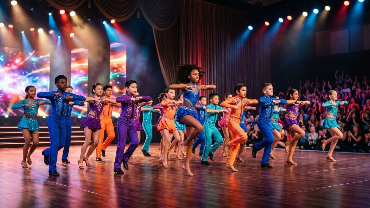 A group of competitive dancers performing a synchronized routine on a professional stage with bright spotlights.