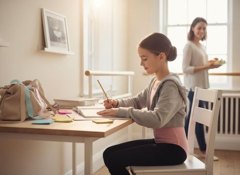 Young ballerina studying at a desk with mother nearby