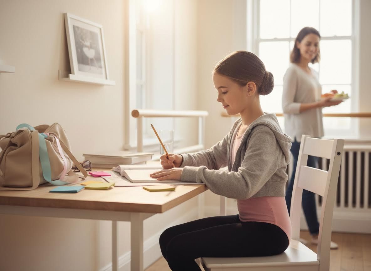 Young ballerina studying at a desk with mother nearby