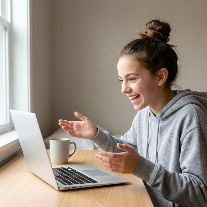 A focused teenage girl in a hoodie sits at a wooden desk, intently typing information on a silver laptop.