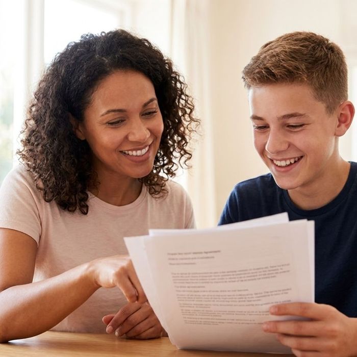 A smiling adult woman and teenage boy review typed documents together at a brightly lit wooden table