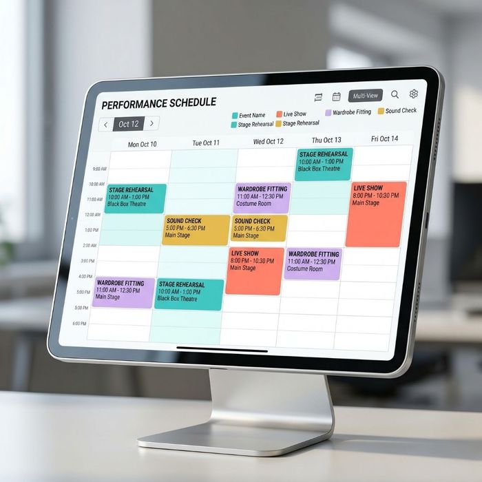 A tablet screen displaying a color-coded weekly schedule for a dance recital with clearly marked rehearsal times.