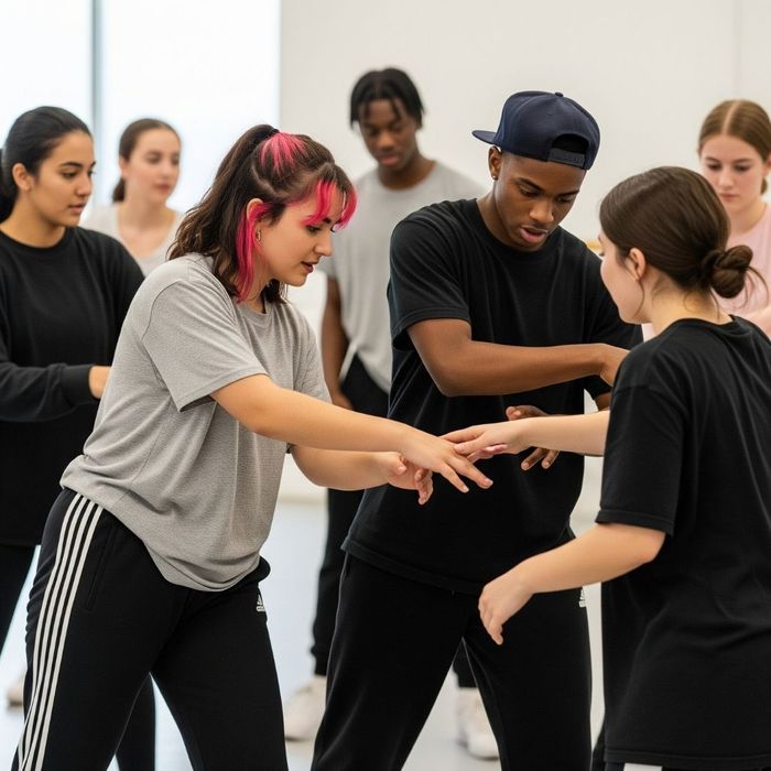 teenage dancers work together in a studio to learn a new piece of choreography teenage dancers work together in a studio to learn a new piece of choreography