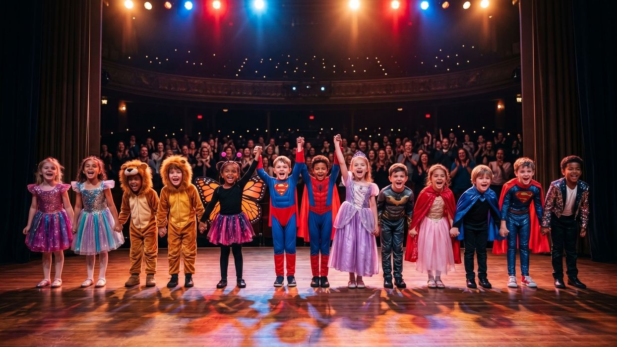 A group of happy young dancers in vibrant costumes taking a bow on a professional stage with bright theatrical lights.