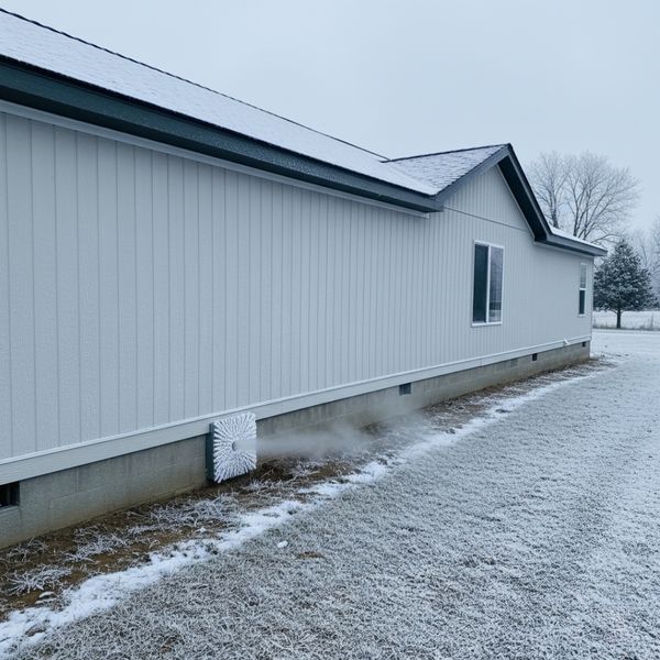 The foundation and skirting of a manufactured home on a cold day, with a light dusting of snow on the ground and frost on a vent.