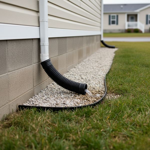 Downspout extension correctly channeling rainwater away from a mobile home's foundation and skirting. Downspout extension correctly channeling rainwater away from a mobile home's foundation and skirting.
