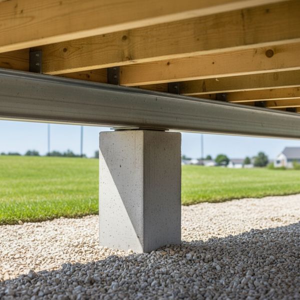 Stable concrete foundation pier supporting the metal frame of a modern mobile home. Stable concrete foundation pier supporting the metal frame of a modern mobile home.